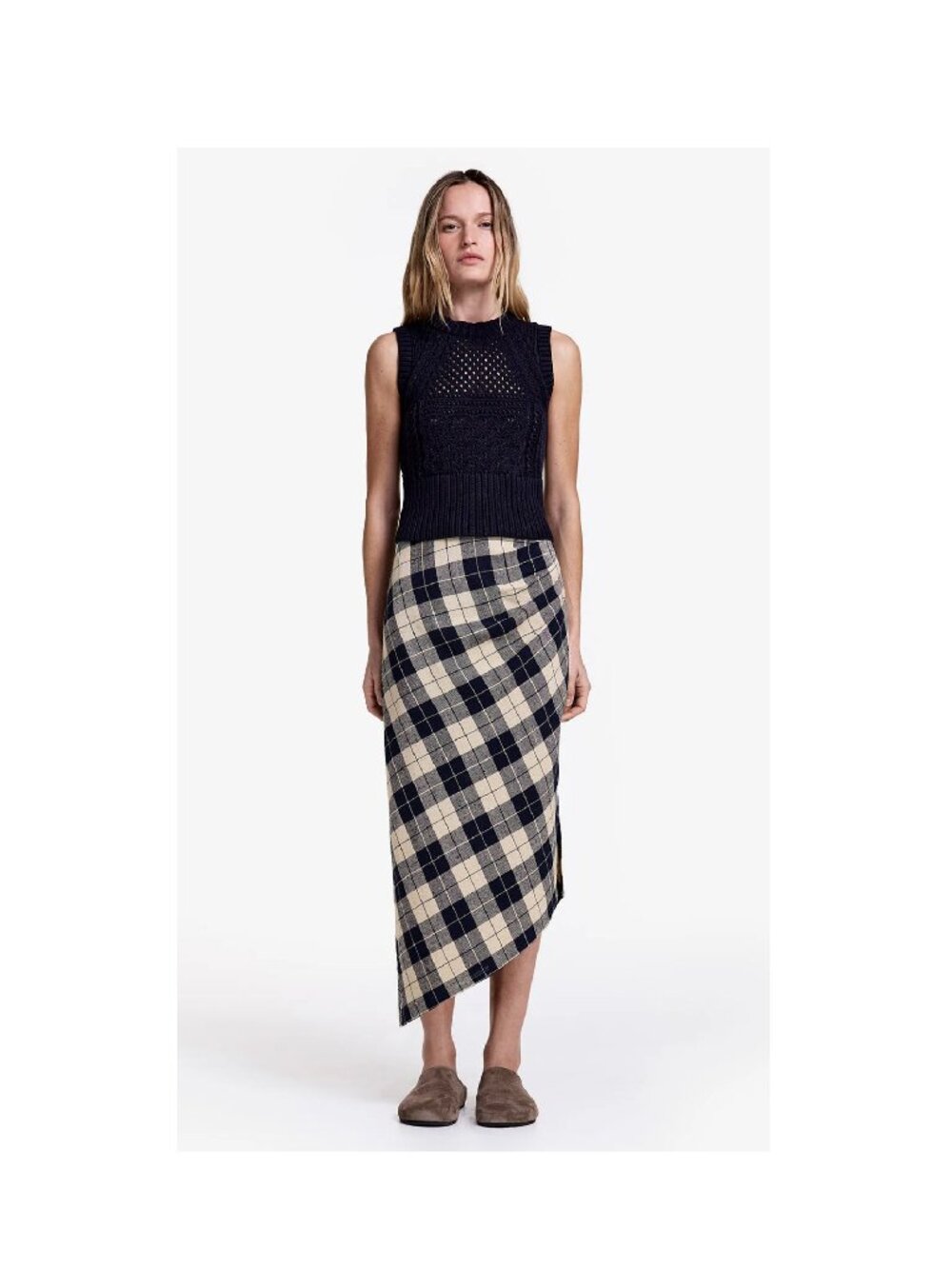SMYTHE Asymmetric Midi Skirt / Size 10 / Navy Plaid